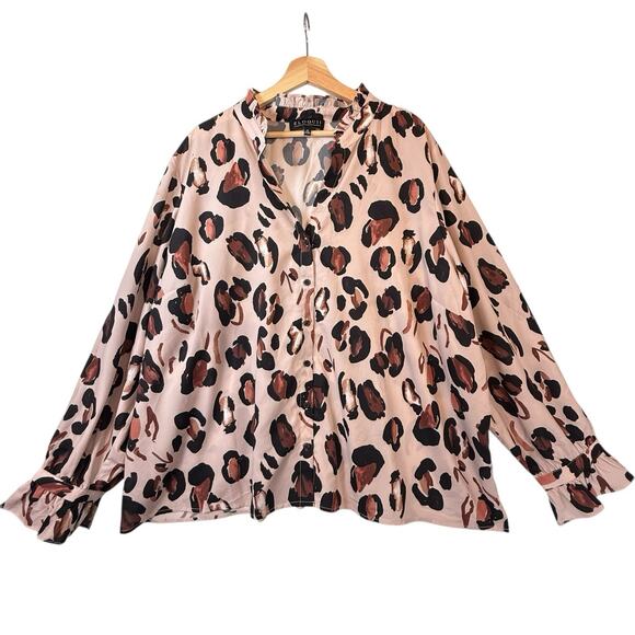 Eloquii Plus Size 26 Button Up Blouse Pink Animal Print Cheetah Ruffle Womens - Picture 1 of 9